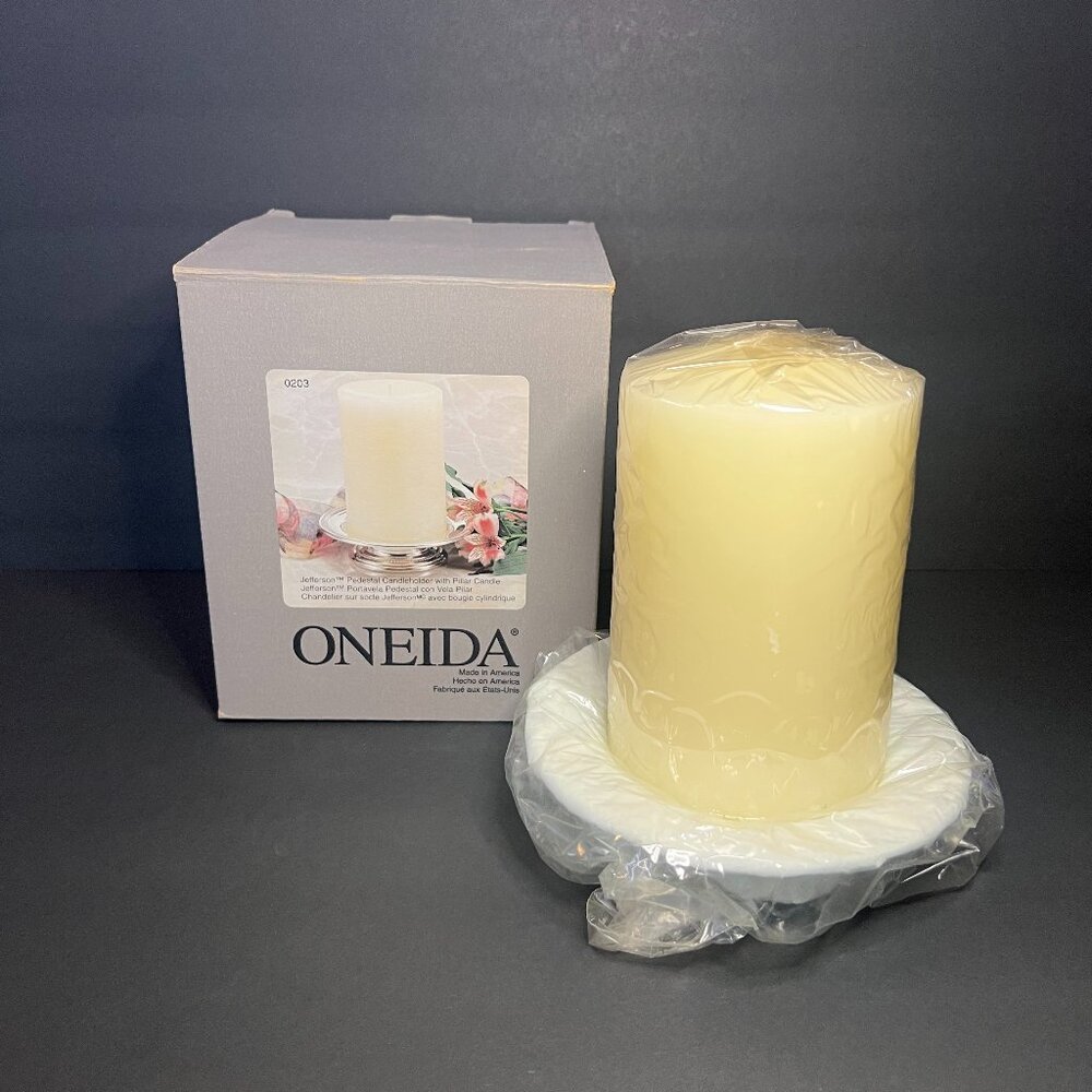 Vintage NIB Oneida Silver Plated 1.5" Pedestal Candle Holder & Pillar Candle